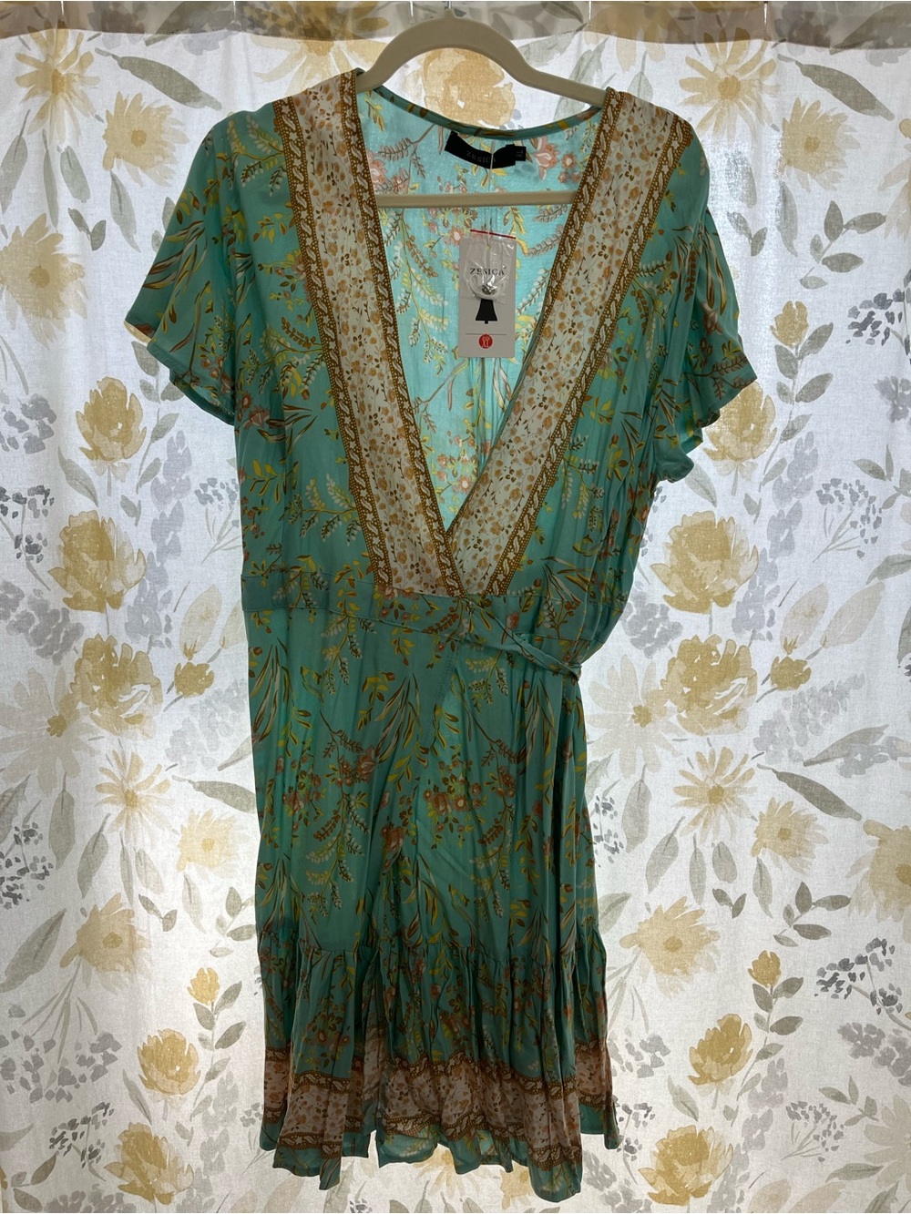 Boho Floral Wrap Dress in Teal with Lace Trim